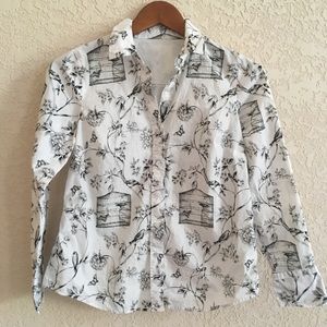Floral bird pattern button up blouse white flowers